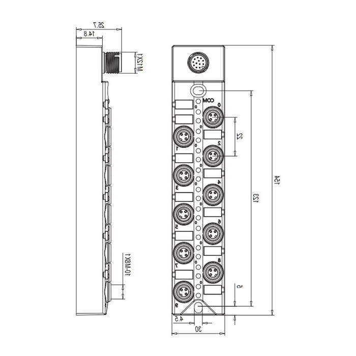 M8 junction box, PNP, 10-port split, LED, M12 integrated interface dock, 23PAS1